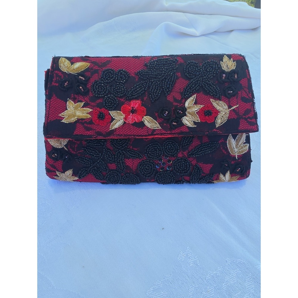 Vintage Christian Livingston Beaded Handbag Clutch Purse Burgundy Floral Y2K